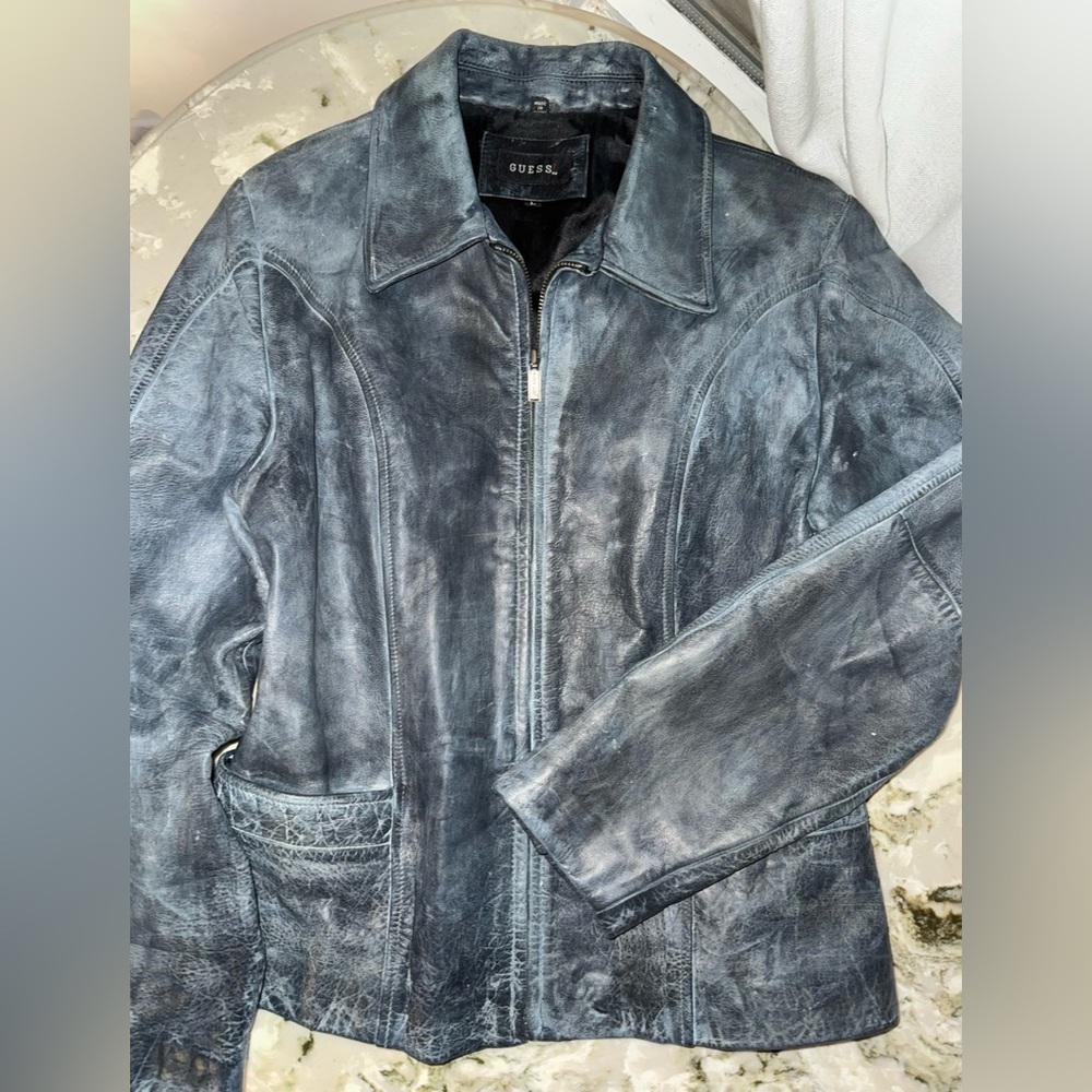 Vintage GUESS distressed black 100% Leather Jacket - size L - Picture 10 of 13